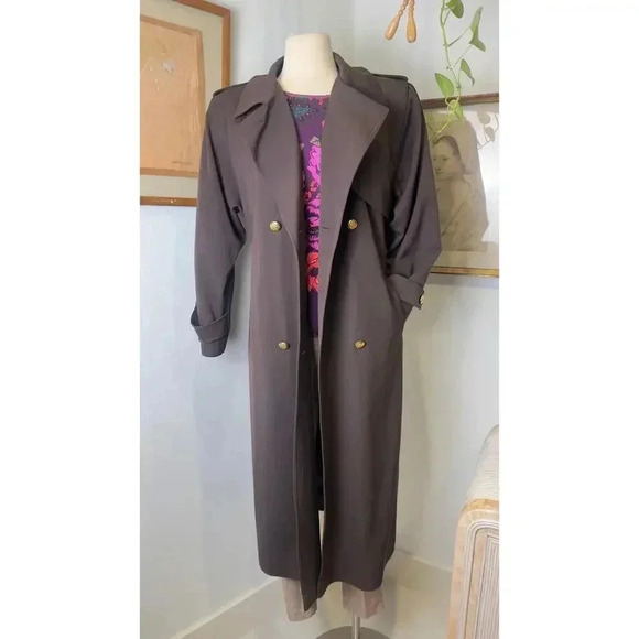 Vintage Larry Levine Gold Button Double-Breasted Brown 80s Trench Coat Size 4 - Picture 7 of 8